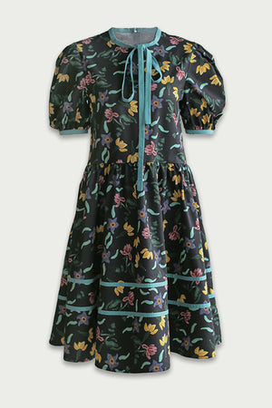 XUNRUO | Black Floral Print Tie Dress