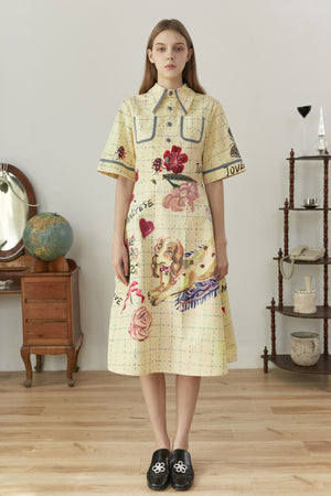 XUNRUO | Yellow Flower And Dog Print Dress