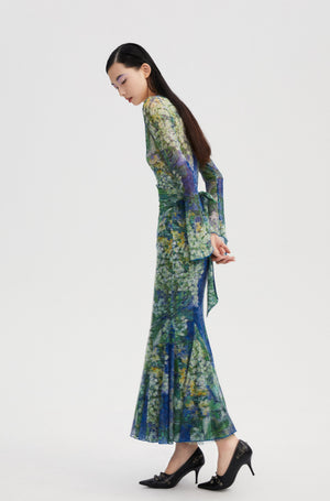 SEJIE | Indigo Horizon Mesh Floral Wrapped Dress
