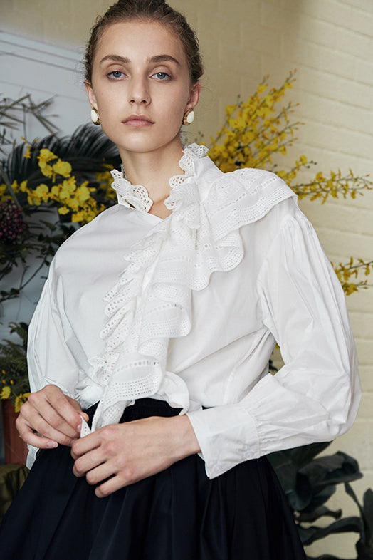 Rimless | White Ruffled Top with Bishop Sleeves