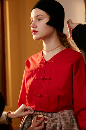 Rimless | Red Cropped Frog Buttons Jacket
