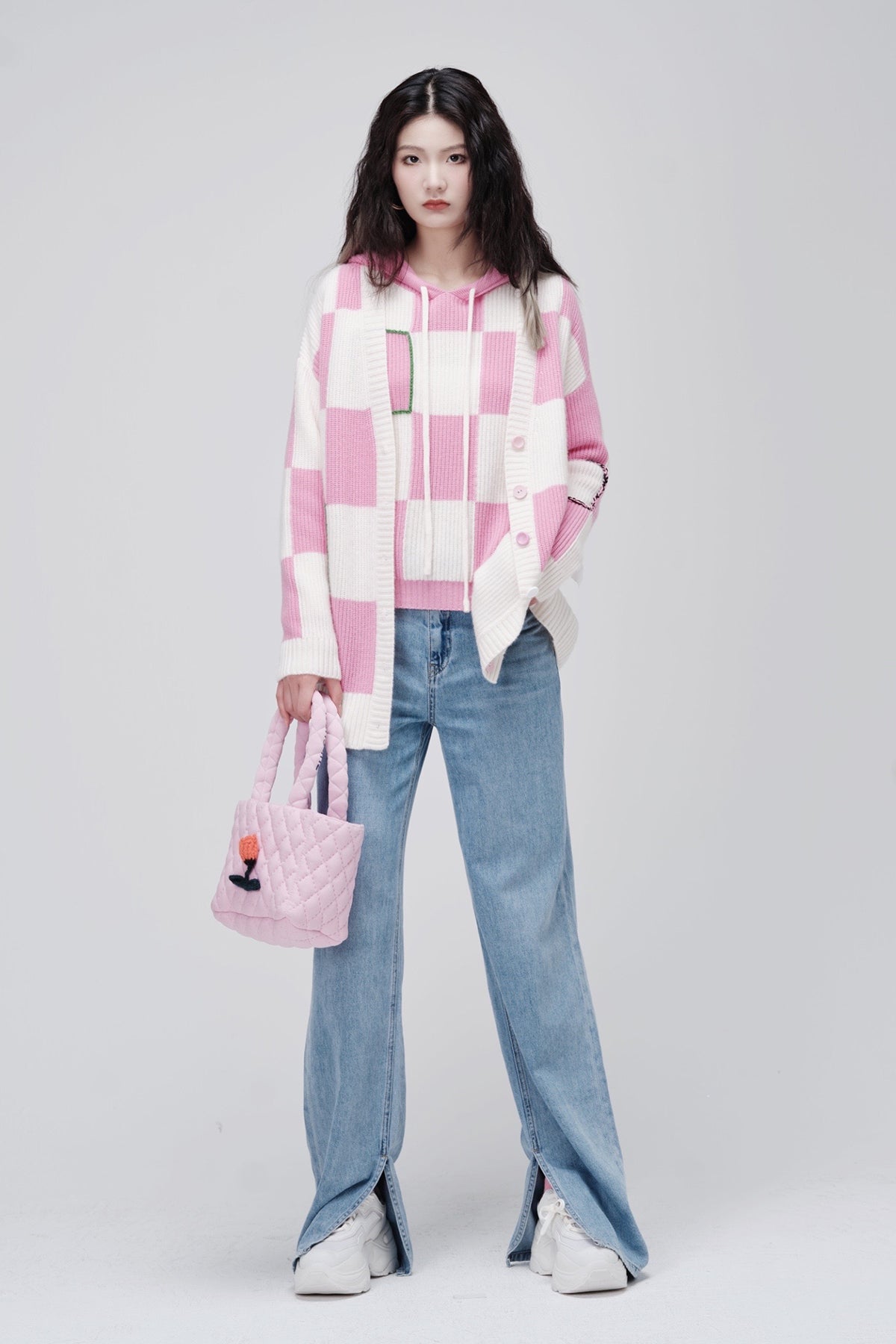 ZI II CI IEN | Pink Oversize Checkered Cashmere Cardigan