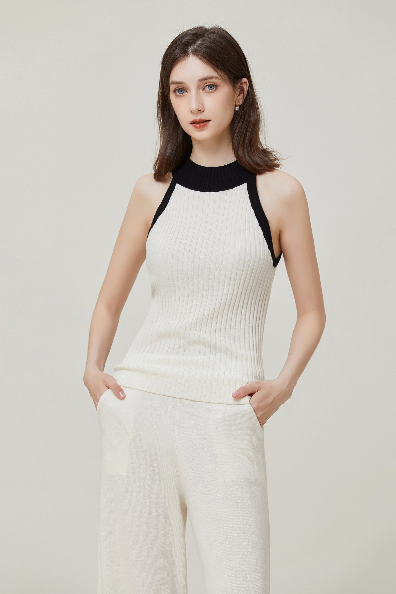 Sylphide | Contrast-Trim Wool Tank And Cardigan