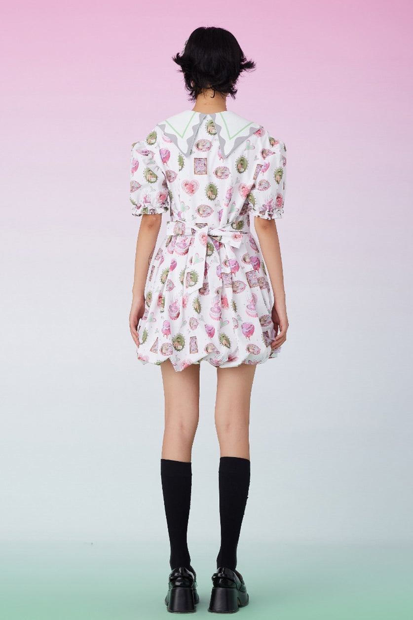 Mukzin | Cute Floral Digital Printed Dress - 囍XI