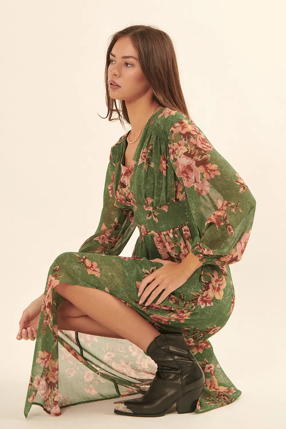 Promesa | Floral Chiffon Long-Sleeve Surplice Maxi Dress