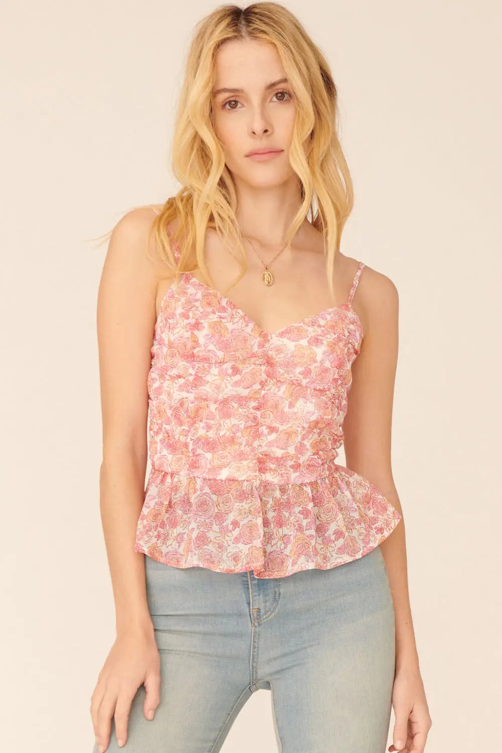 Promesa | Floral Sweetheart Ruched Peplum Cami Top