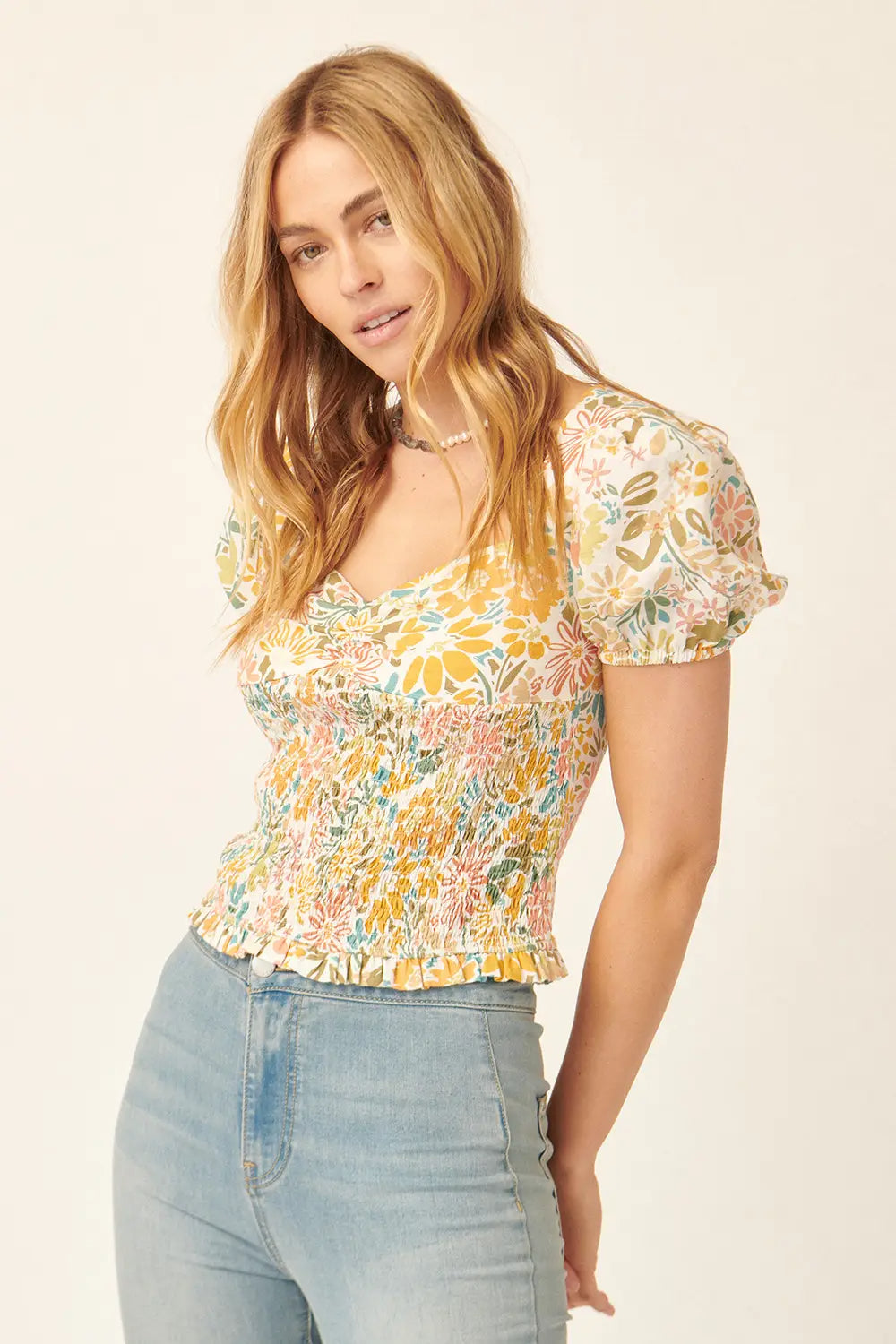 Promesa | Floral Sweetheart Smock Puff Sleeve Blouse