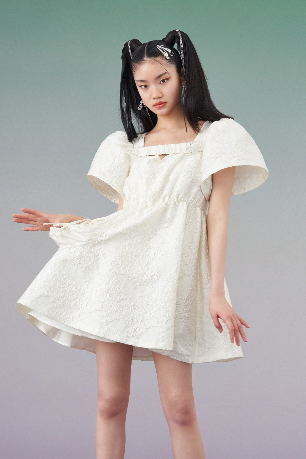 Mukzin | Jacquard Cut-Out White Dress - Seeking Fairyland