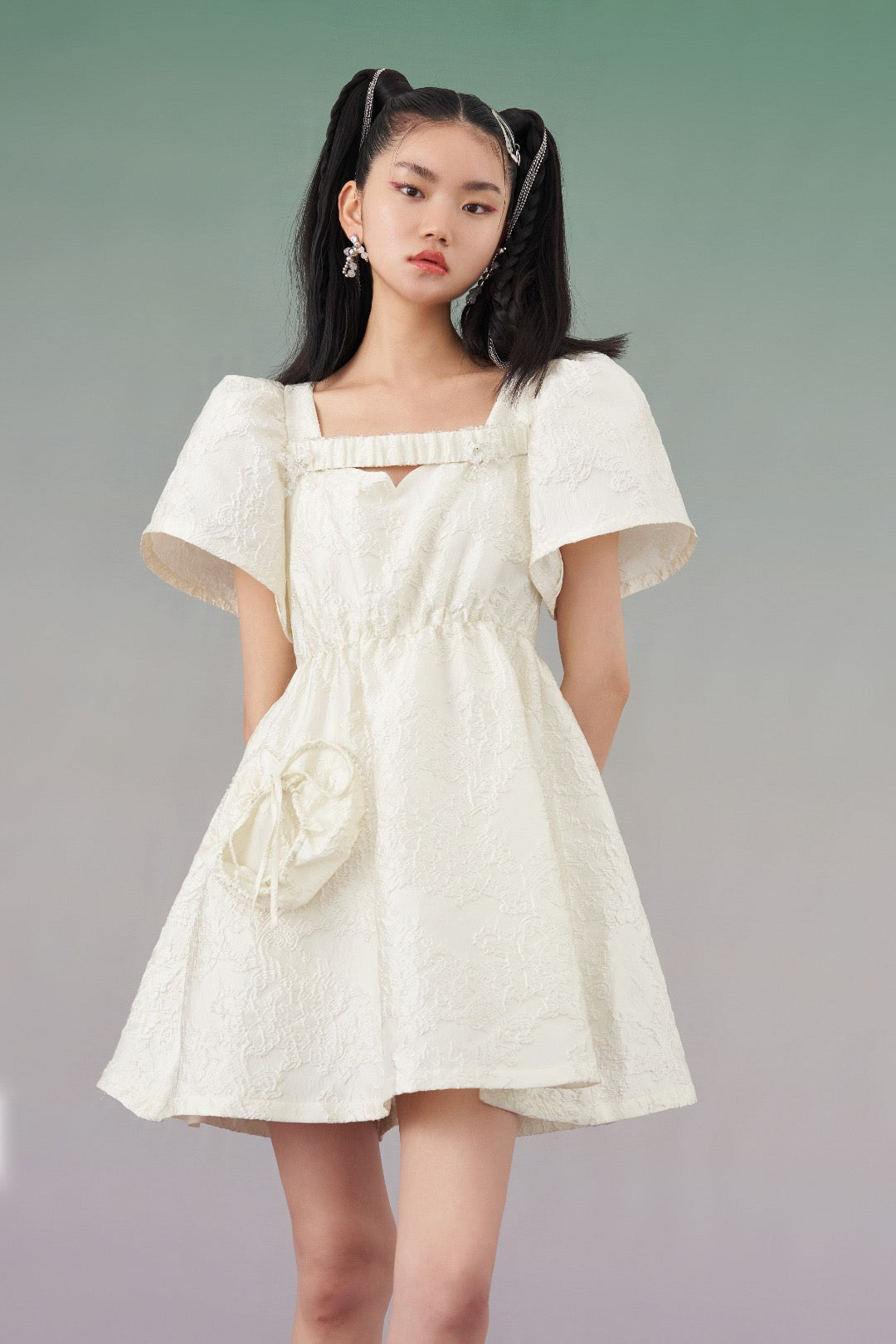Mukzin | Jacquard Cut-Out White Dress - Seeking Fairyland