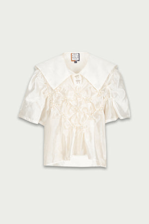 Mukzin | Lapel Pearls White Chiffon Shirt - 囍XI