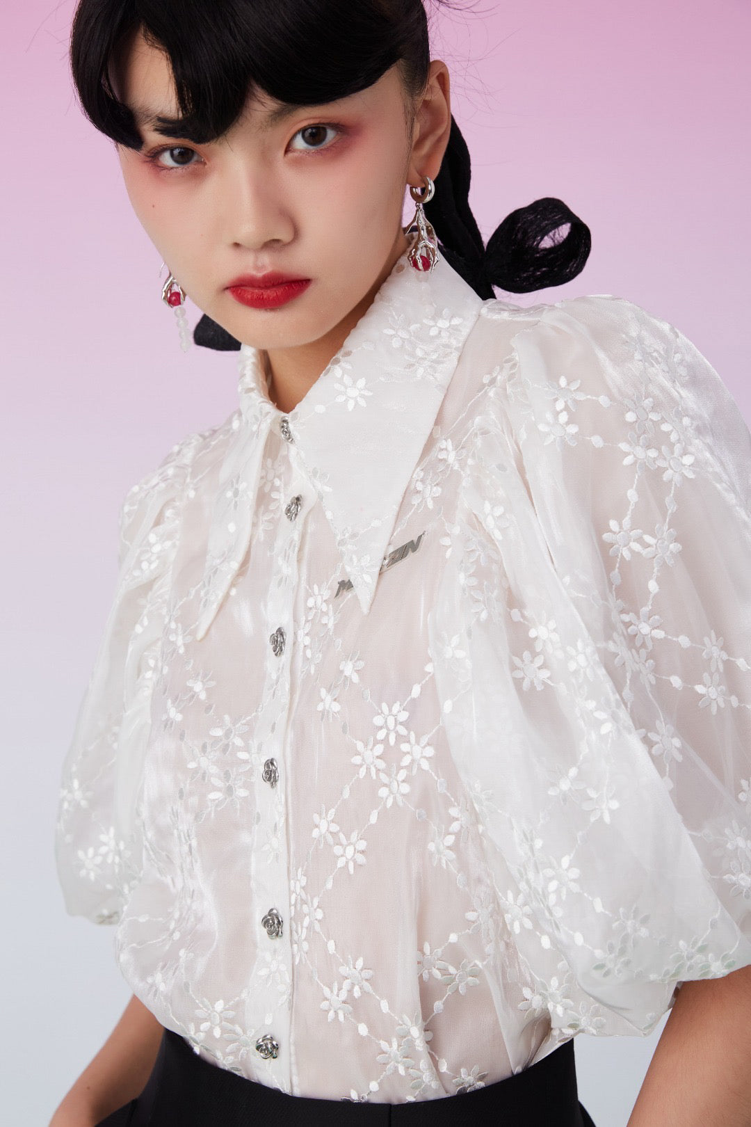 Mukzin | Lapel Sheer Floral White Chiffon shirt - 囍XI