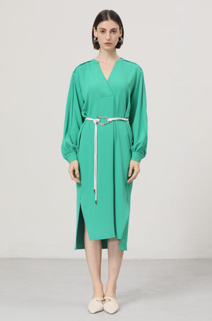 LINDONG | Lillou Green V-Neck Belted Dress