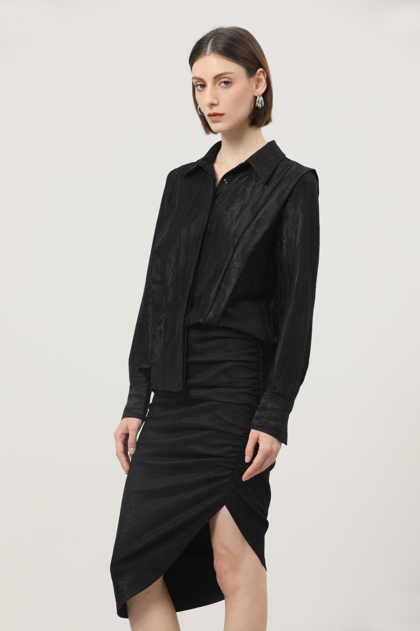 LINDONG | Manel Black Shimmer Shirring Skirt