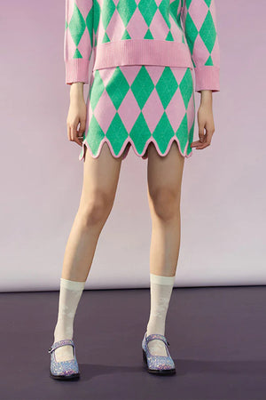 Mukzin | Argyle Contrast Asymmetric Mini Skirt