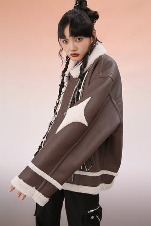 Mukzin | Asymmetric Fluffy Leather Jacket