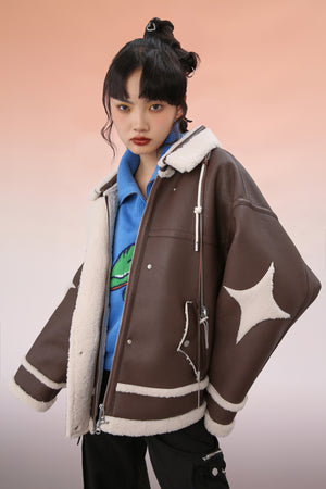 Mukzin | Asymmetric Fluffy Leather Jacket