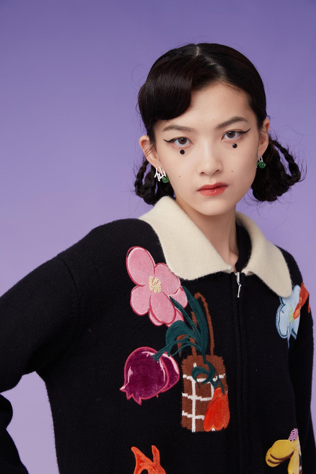 Mukzin | Doll Collar Patchwork Zipped Cardigan