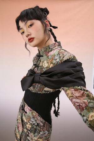 Mukzin | Embroidered  Patchwork Bow Cheongsam Dress