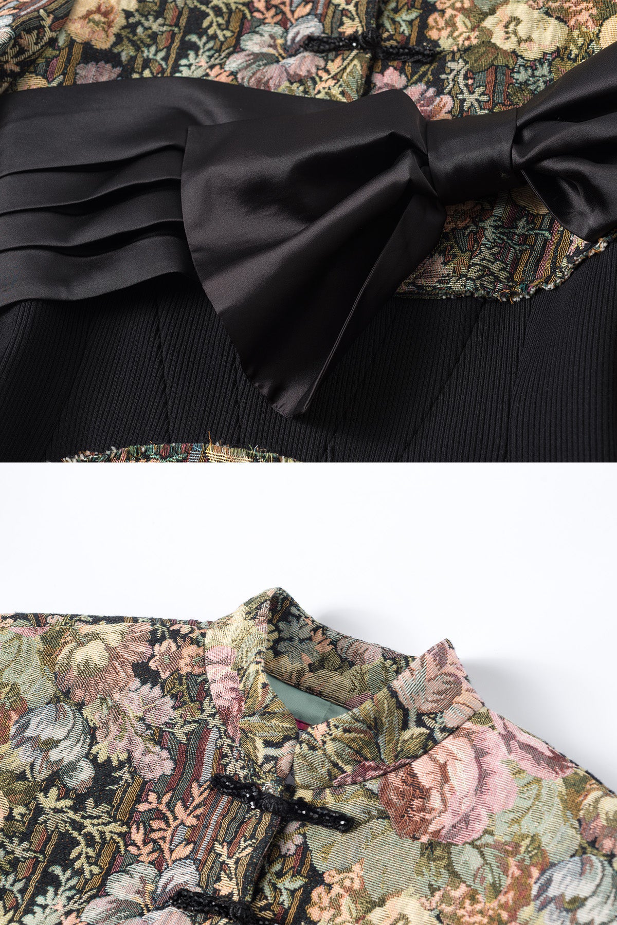 Mukzin | Embroidered  Patchwork Bow Cheongsam Dress