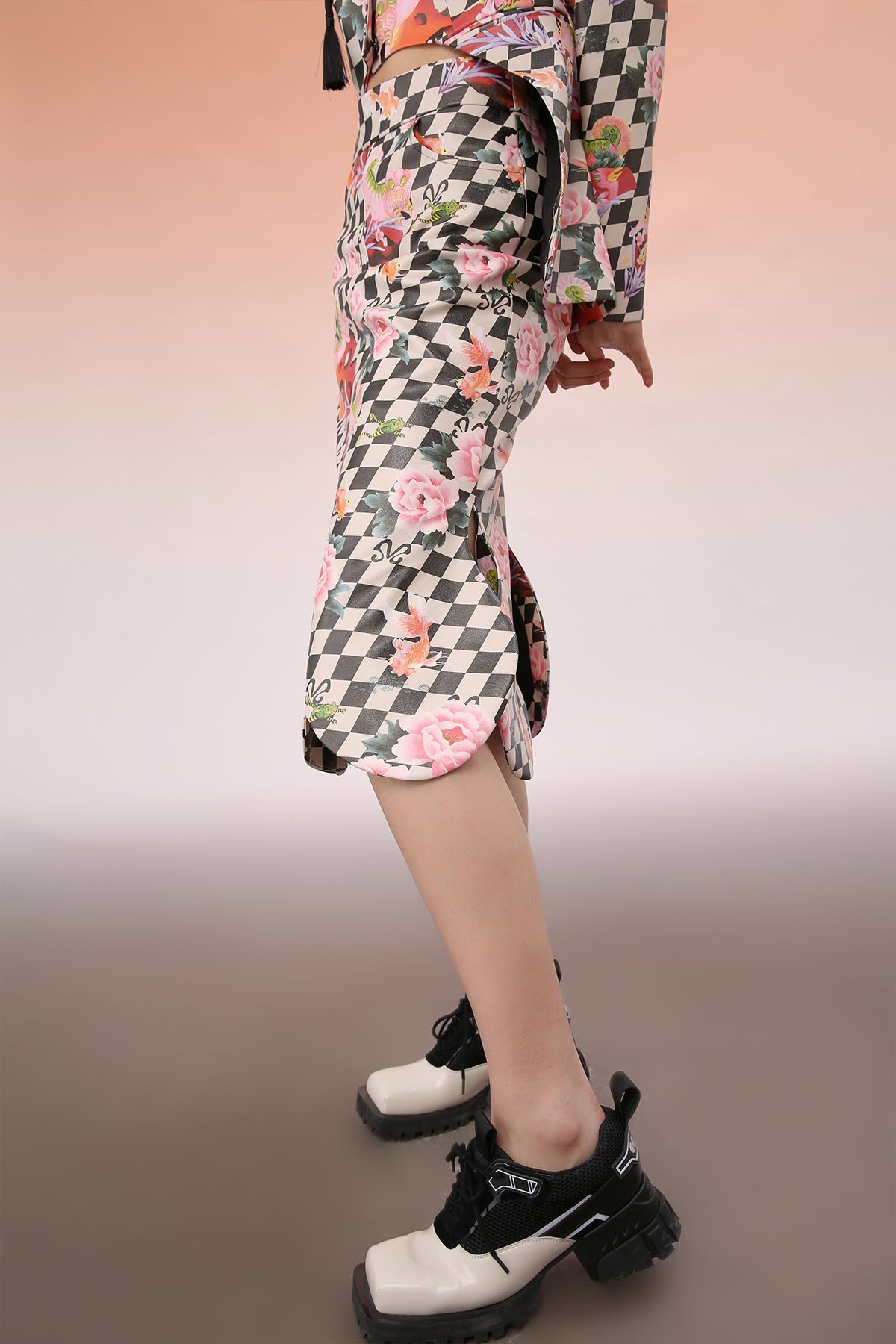 Mukzin | Floral Gingham Slit Midi Skirt