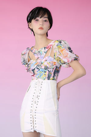 Mukzin | Floral Woven Printed Cut-Out Cropped Top