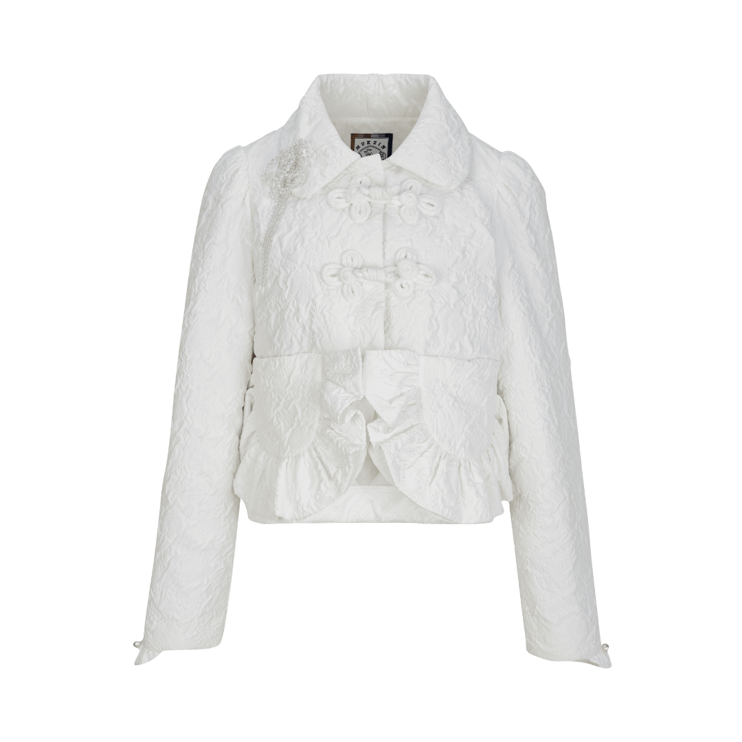 Mukzin | White Ruffle Buckle Cropped Coat
