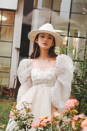 puffy organza dress White glitter corset mini dress, woman fluffy organza dress, princess long sleeve dress with puffy skirt, chic photoshoot gown, shiny dress