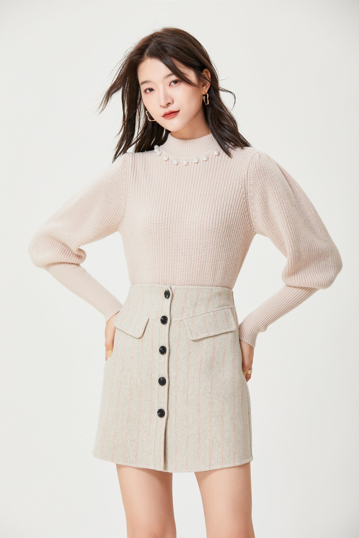 Fansilanen | Strap Beige Striped Wool Skirt