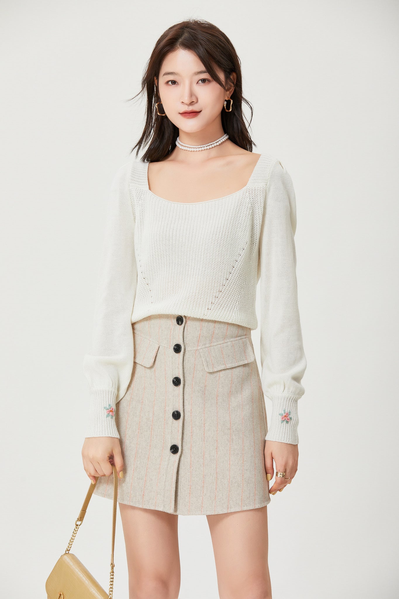 Fansilanen | Strap Beige Striped Wool Skirt