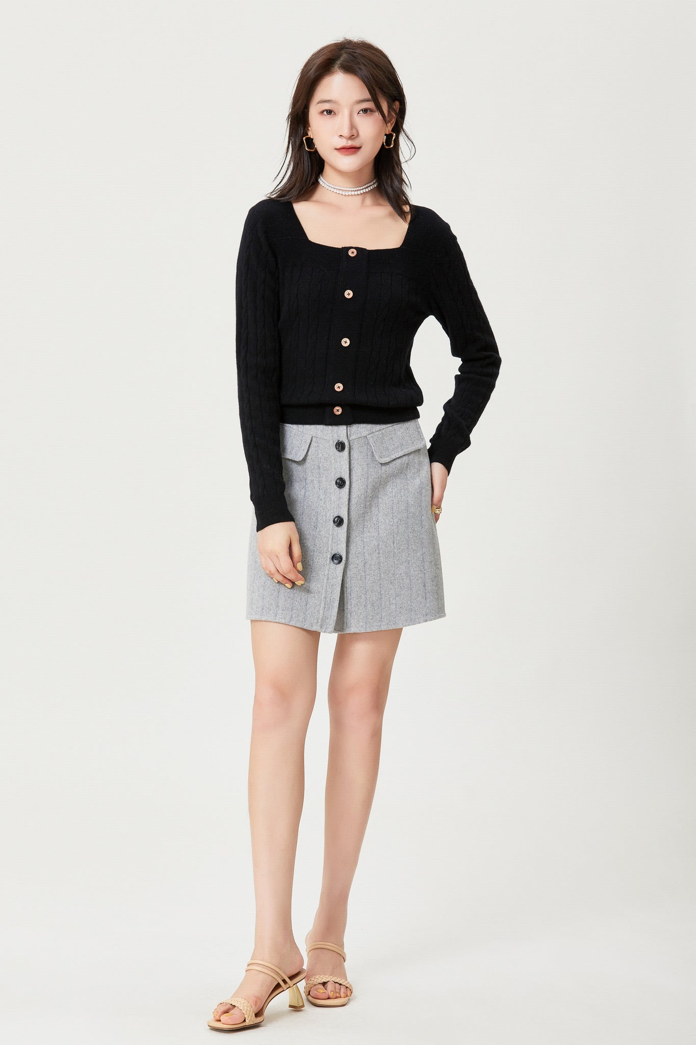 Fansilanen | Strap Gray Striped Wool Skirt