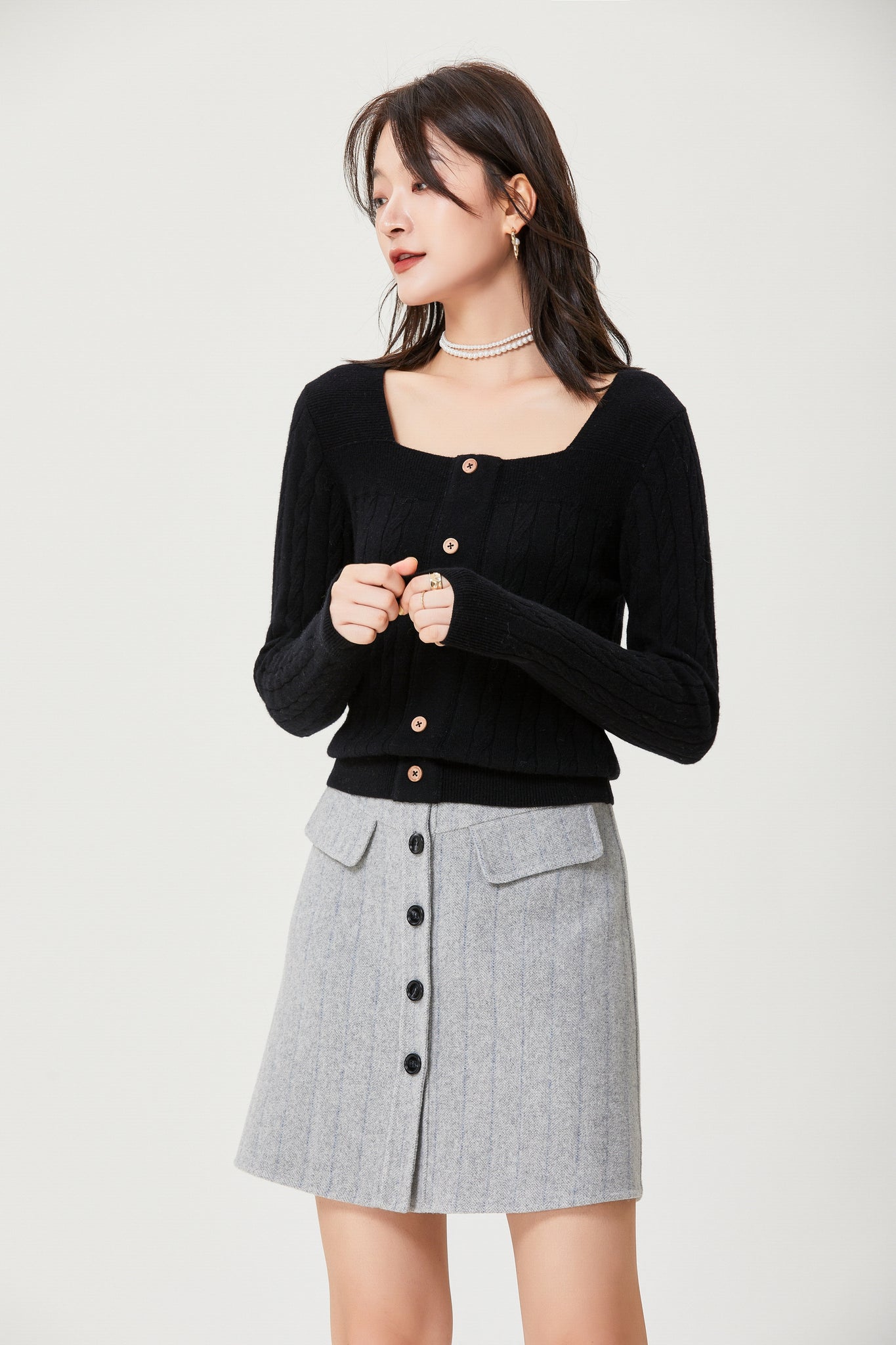 Fansilanen | Strap Gray Striped Wool Skirt