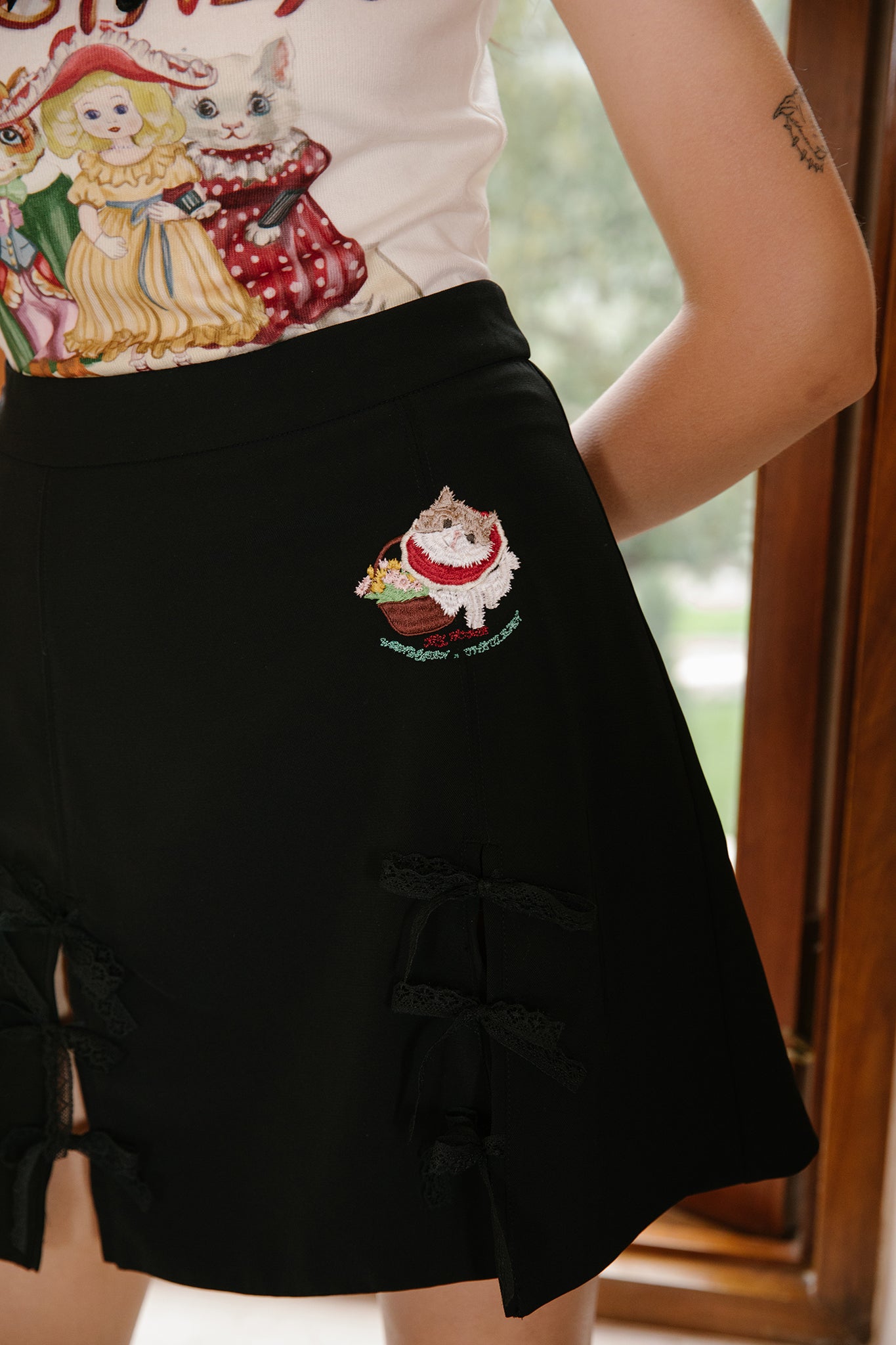 WXC | Kitten Embroidered Mini Skirt