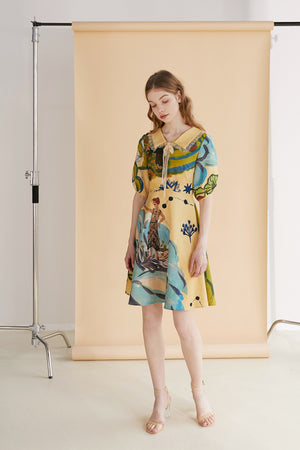 XUNRUO | Floral Lapel Short Sleeves Dress