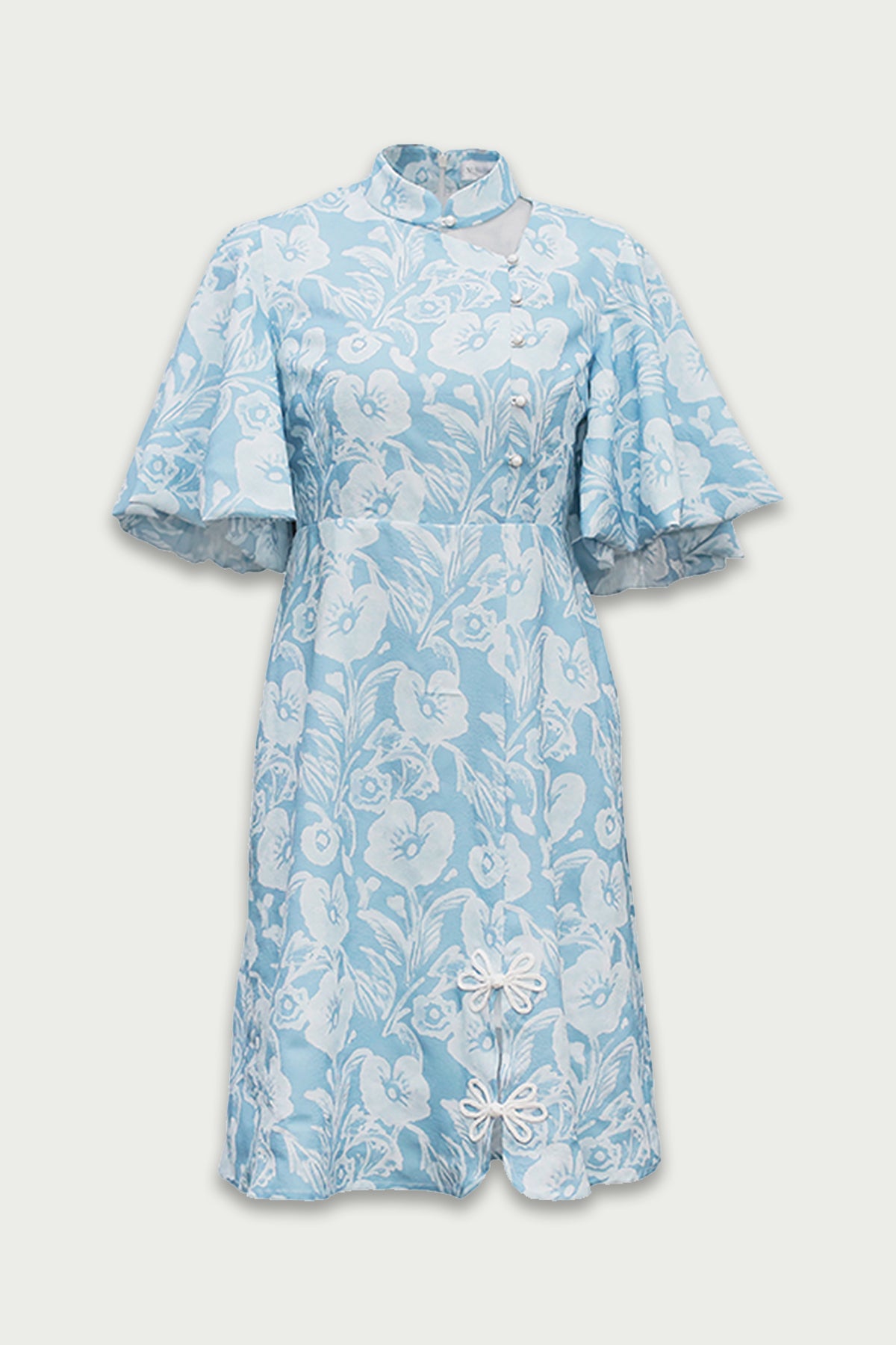 XUNRUO | Light Blue Floral Improved Cheongsam Dress