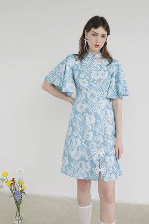 XUNRUO | Light Blue Floral Improved Cheongsam Dress