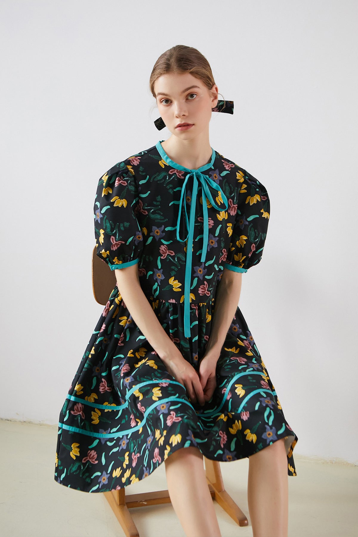 XUNRUO | Black Floral Print Tie Dress