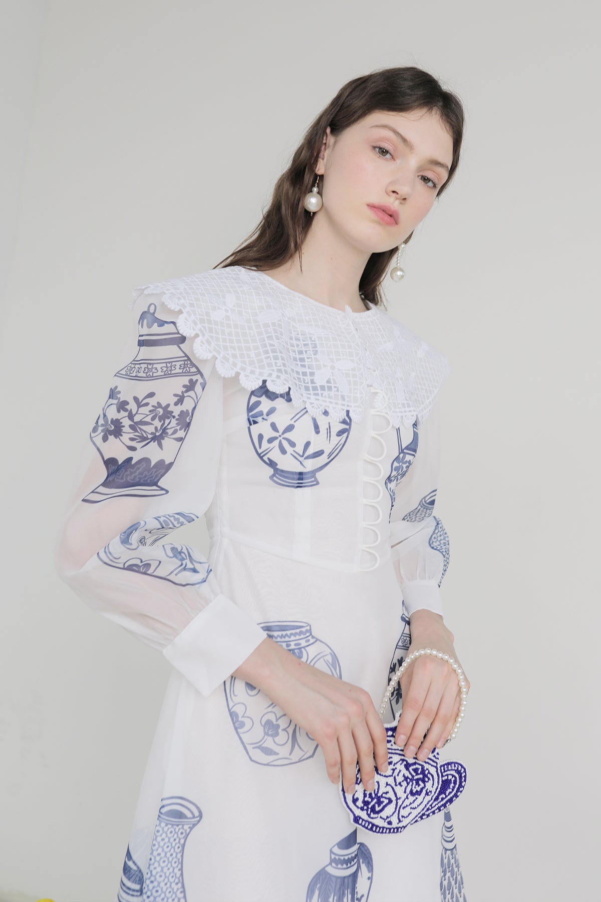 XUNRUO | Blue And White Porcelain Lapel Dress