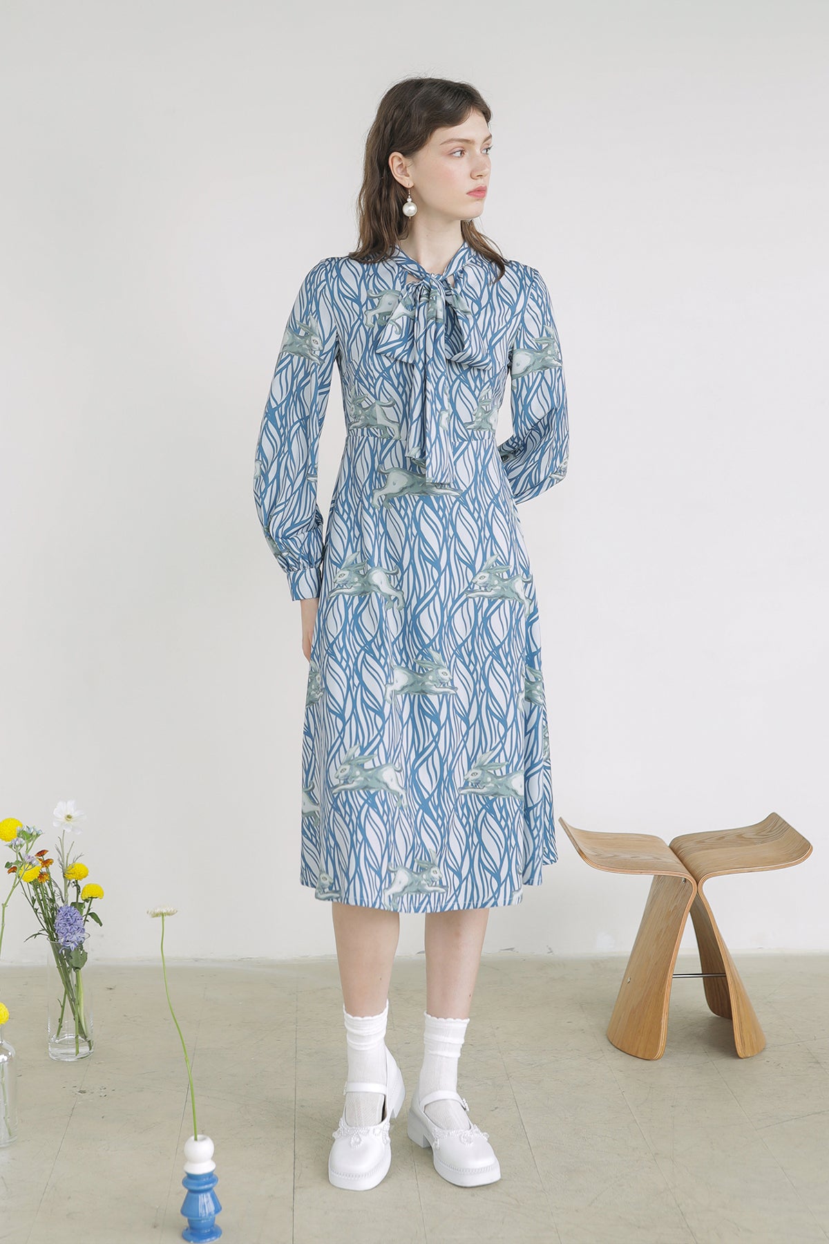 XUNRUO | Bunny Wavy Print Ribbon Dress