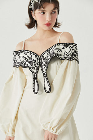 XUNRUO | White Butterfly Embroidered Off-Shoulder Dress